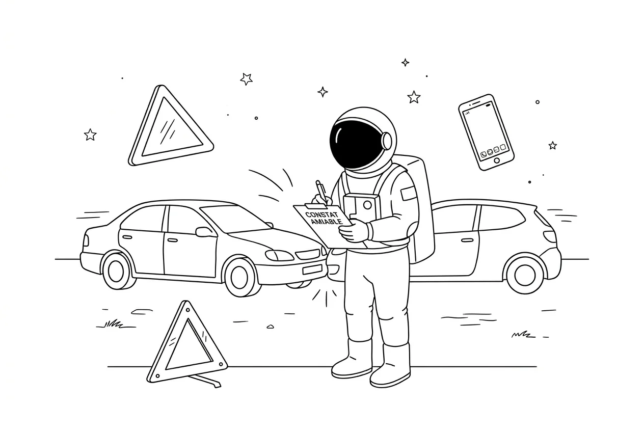 Illustration line art noir et blanc d'un cosmonaute remplissant un constat amiable à côté de deux voitures qui se sont touchées, avec un téléphone et un triangle de signalisation en arrière-plan