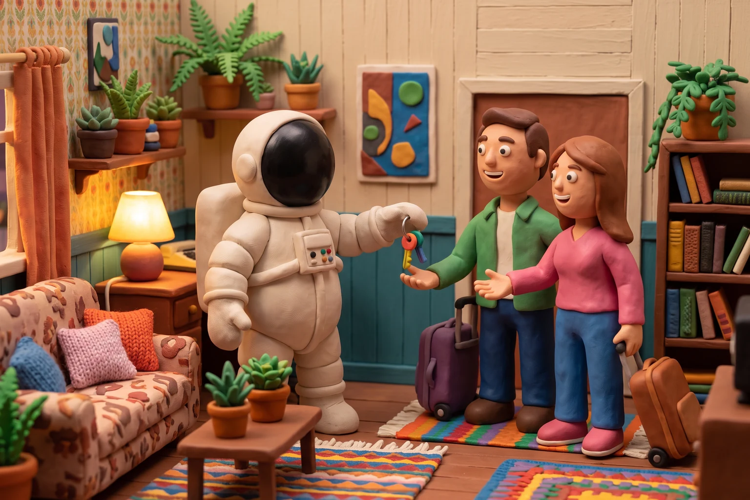 Illustration en pâte à modeler d'un cosmonaute hôte remettant les clés à deux voyageurs avec leurs valises, dans un appartement chaleureux