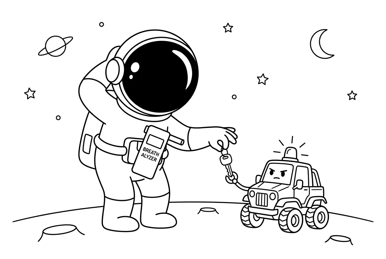 Illustration line art noir et blanc d'un cosmonaute soufflant dans un éthylotest à côté d'une voiture, avec un panneau d'avertissement en arrière-plan, sur fond d'étoiles et de constellations