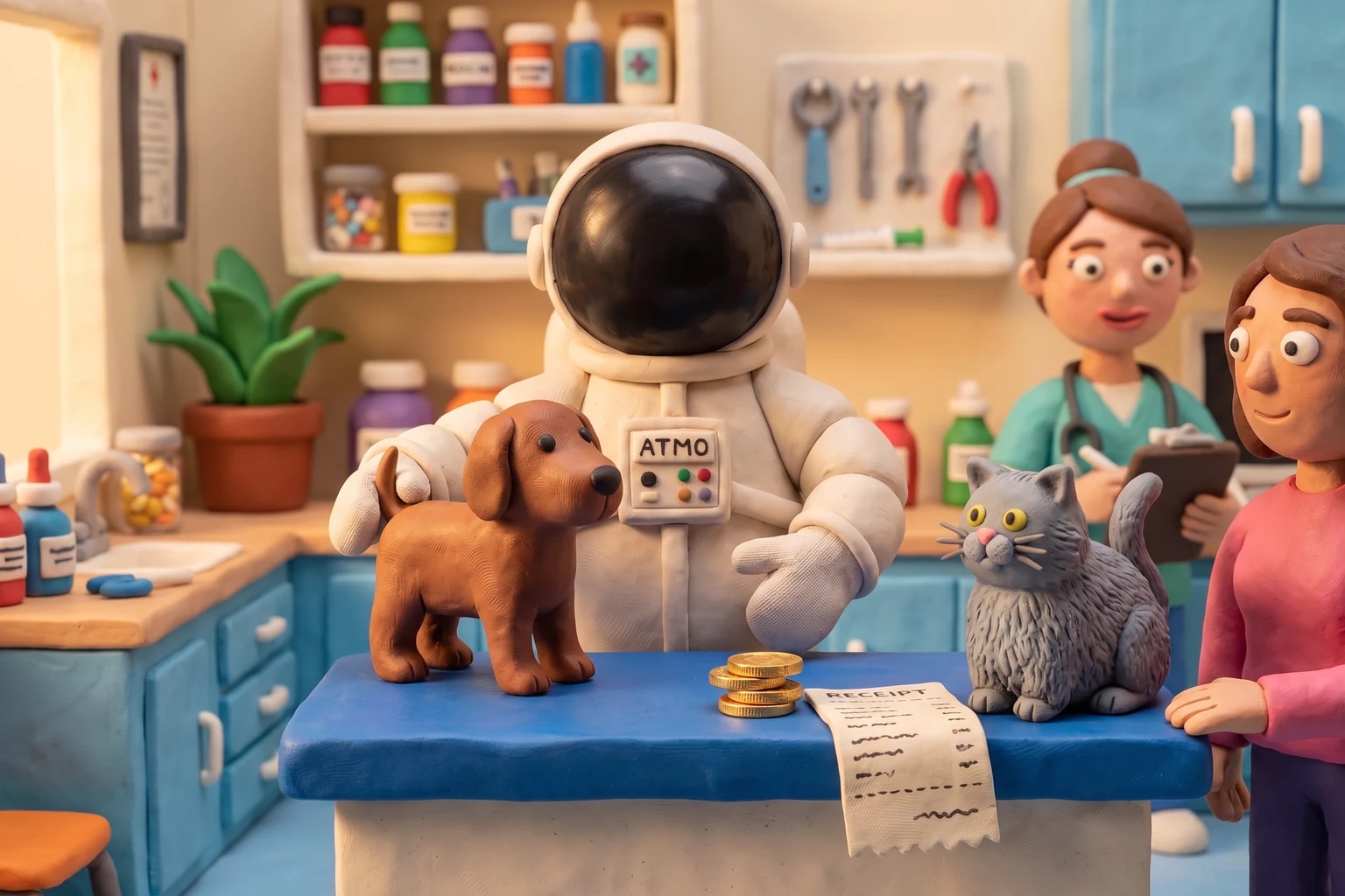 Illustration en pâte à modeler d'un cosmonaute vétérinaire tenant un chien, un chat à côté, avec des pièces et une note de frais