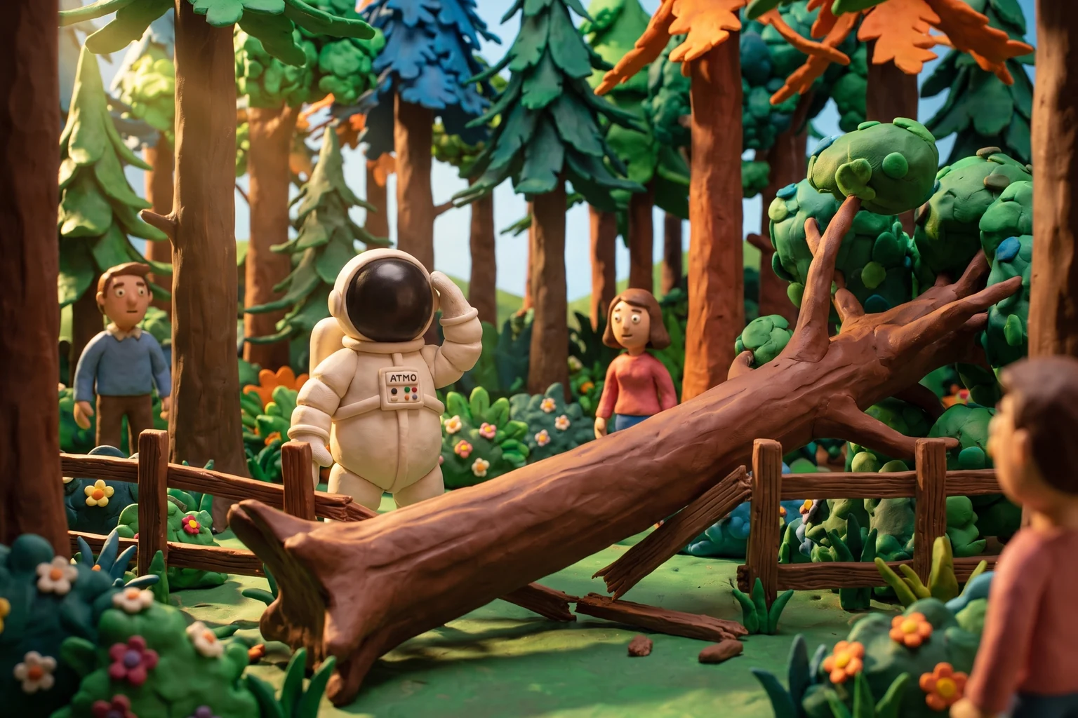 Illustration en pâte à modeler d'un cosmonaute observant un arbre tombé sur une clôture, dans une forêt colorée