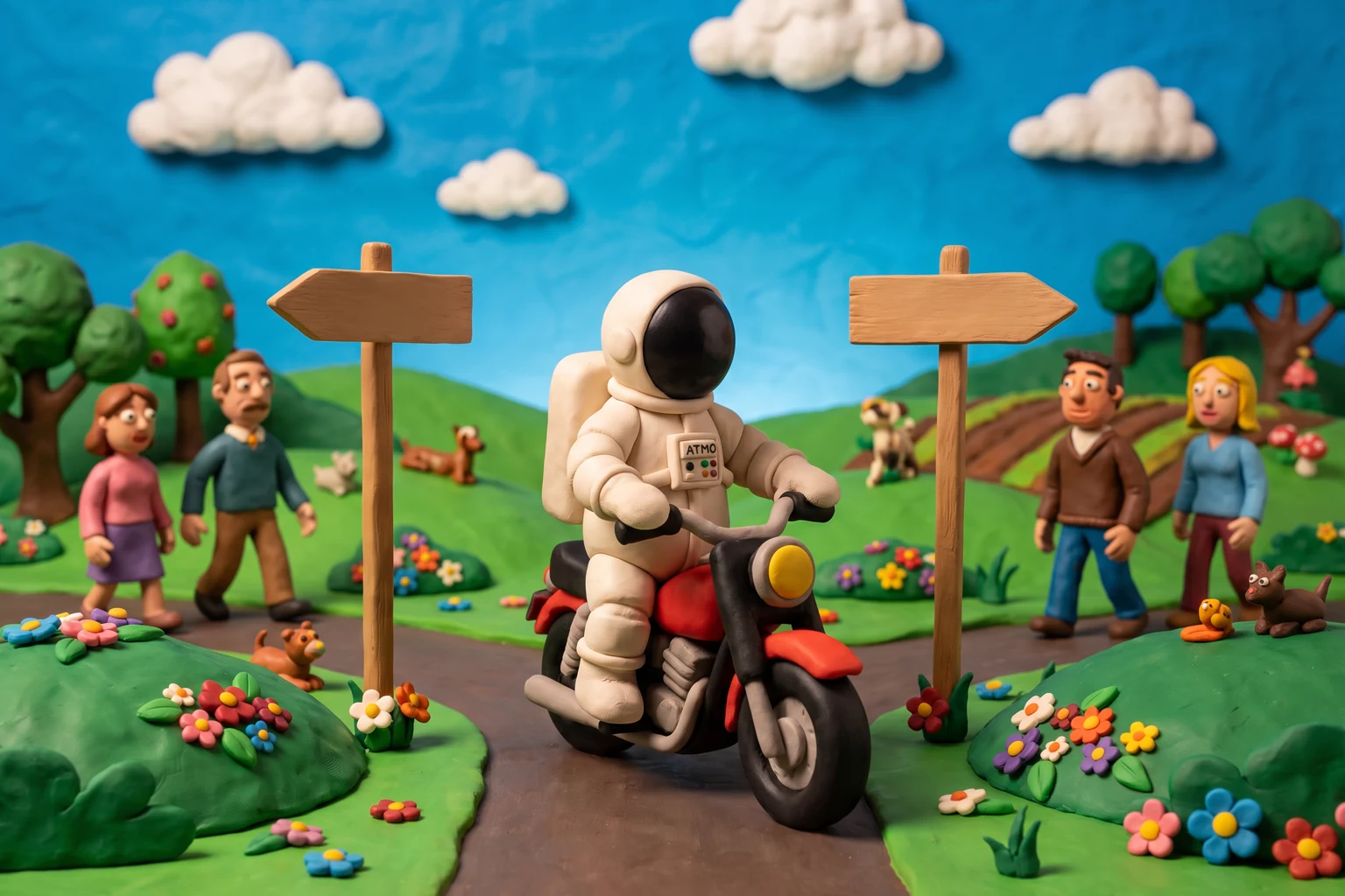 Illustration en pâte à modeler d'un cosmonaute sur une moto rouge à l'embranchement de deux routes de campagne