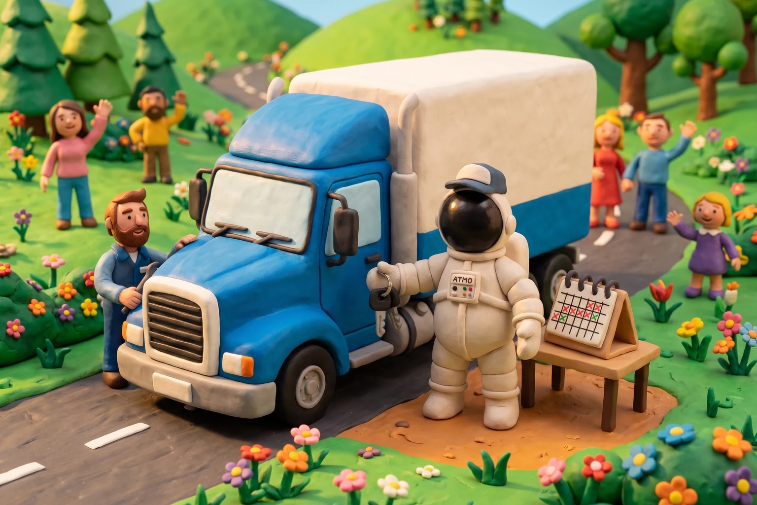 Illustration en pâte à modeler d'un cosmonaute tenant des clés devant un poids lourd bleu et blanc, avec un calendrier de quelques jours