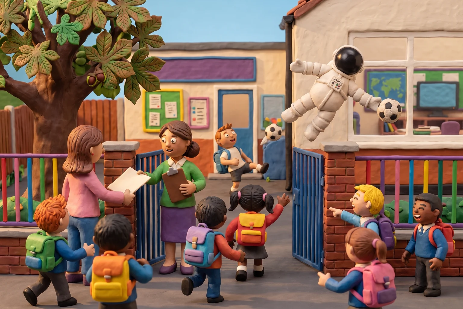 Illustration en pâte à modeler d'un cosmonaute plongeant pour rattraper un ballon avant qu'il n'atteigne la vitre d'une classe, un jour de rentrée devant le portail de l'école