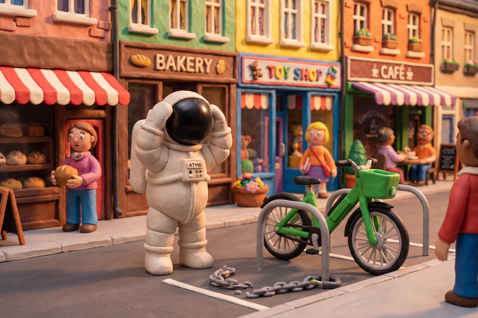 Illustration en pâte à modeler d'un cosmonaute surpris devant un emplacement de vélo vide et un antivol sectionné, dans une rue colorée