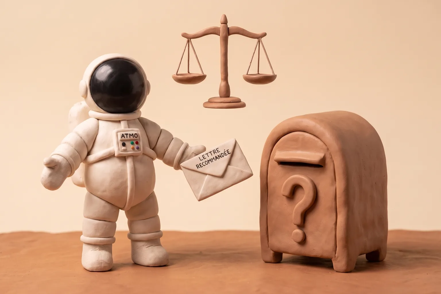 Illustration en pâte à modeler d'un cosmonaute attendant près d'une boîte aux lettres avec un point d'interrogation, tenant une lettre recommandée, une balance de la justice flottant