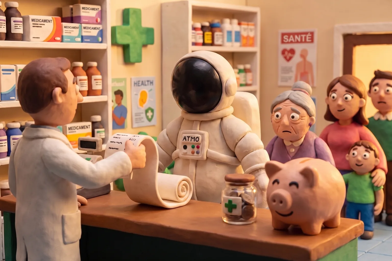 Illustration en pâte à modeler d'un cosmonaute médecin tendant une grosse facture à un patient cosmonaute, tandis qu'un bouclier marqué d'une croix rétrécit, sur fond épuré