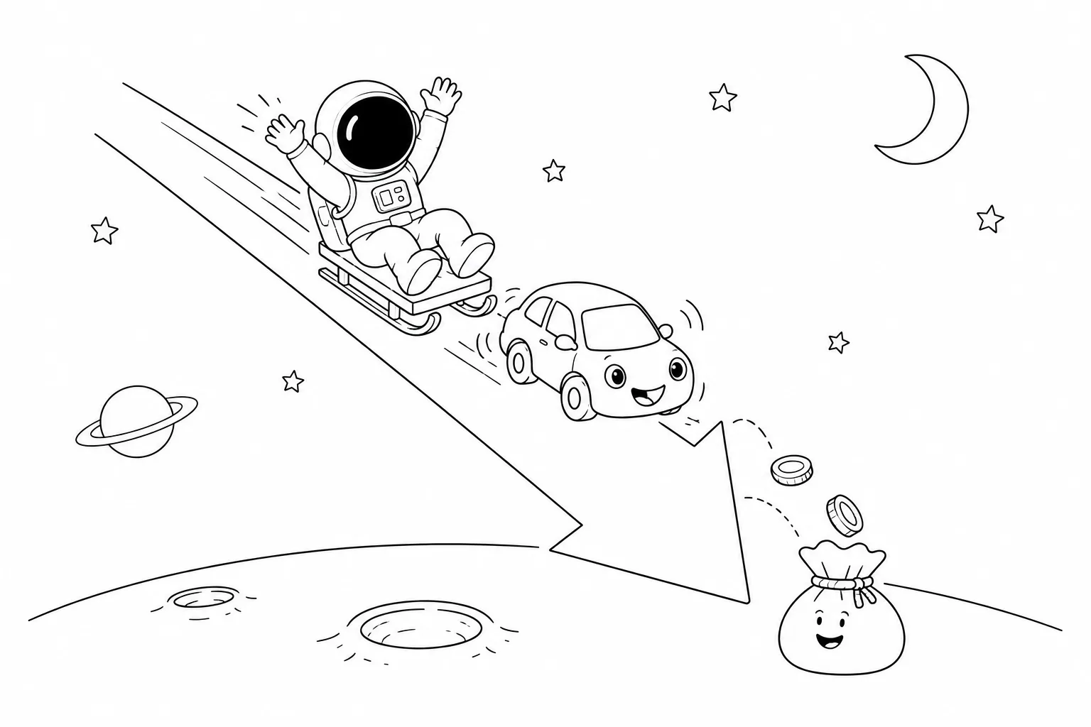 Illustration line art noir et blanc d'un cosmonaute observant une jauge graduée allant d'un bonus en bas à un malus en haut, à côté d'une voiture, sur fond d'étoiles et de constellations