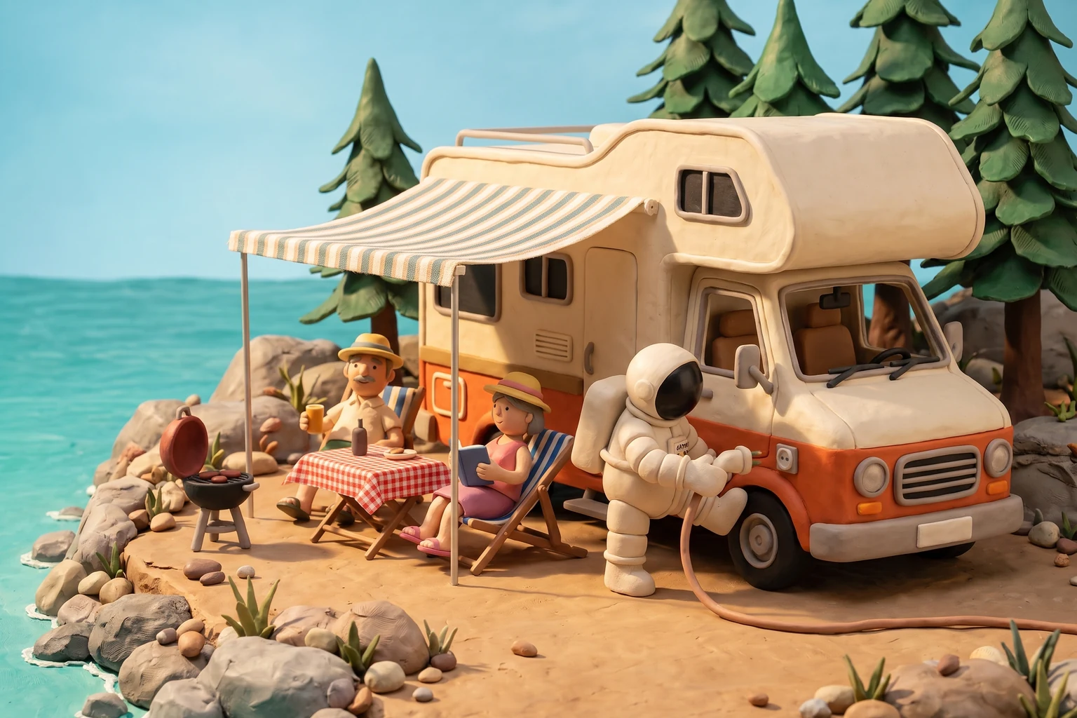 Illustration en pâte à modeler d'un cosmonaute branchant le câble électrique d'un camping-car installé auvent déployé au bord d'une côte turquoise, devant un couple de retraités en transats