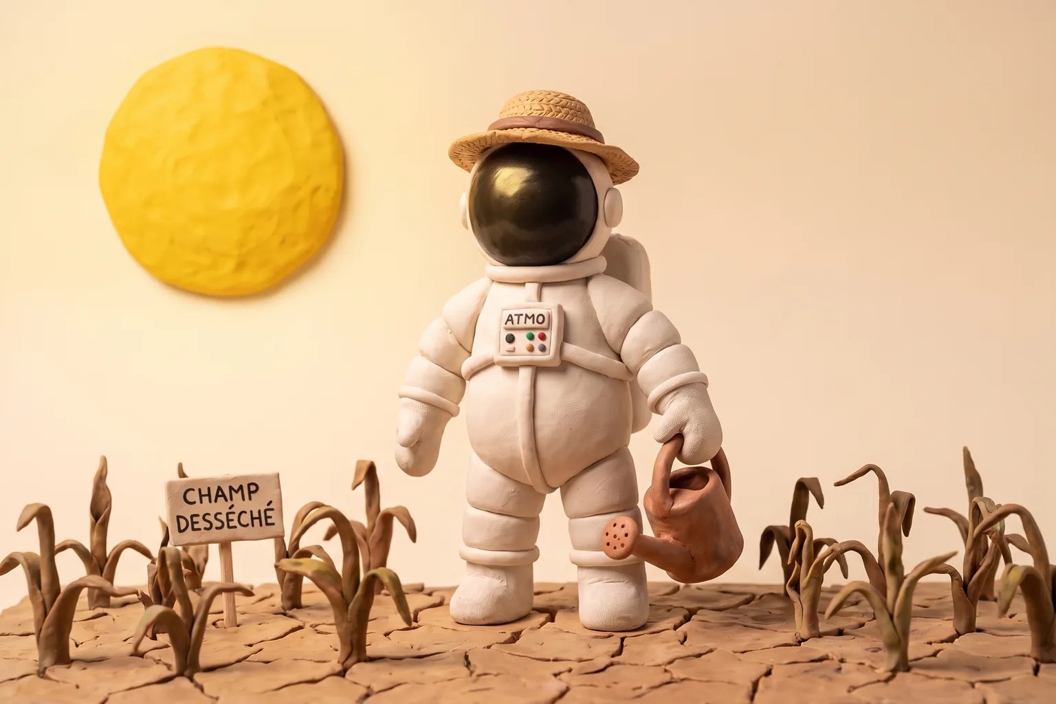 Illustration en pâte à modeler d'un cosmonaute agriculteur avec un chapeau de paille observant un champ desséché sous un gros soleil, un arrosoir vide à la main, sur fond épuré
