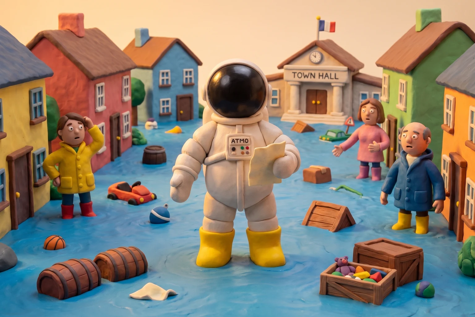 Illustration en pâte à modeler d'un cosmonaute en bottes tenant un document dans une rue de village inondée, devant la mairie
