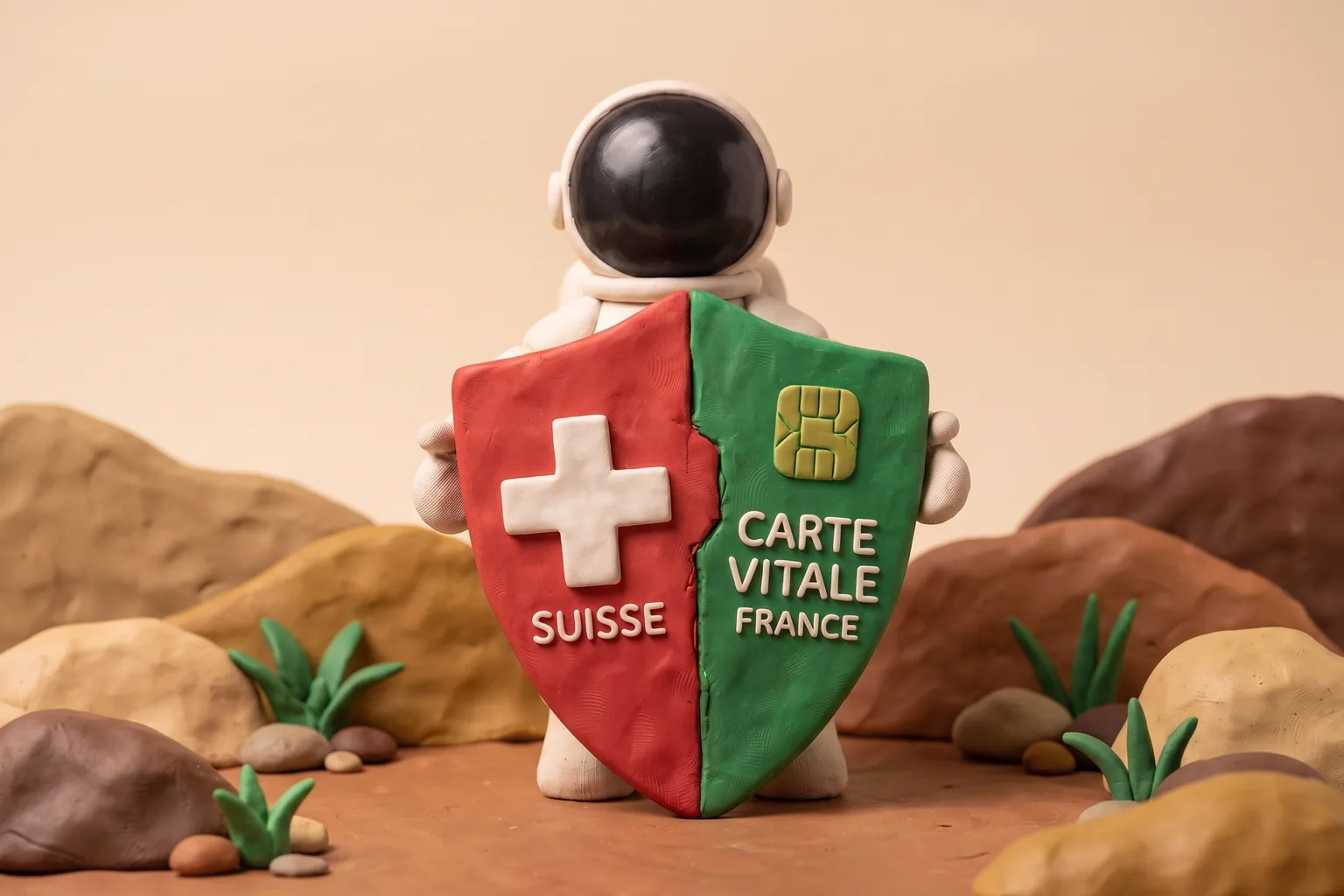 Illustration en pâte à modeler d'un cosmonaute tenant un bouclier fendu en deux, une moitié marquée d'une croix suisse, l'autre d'une carte vitale française