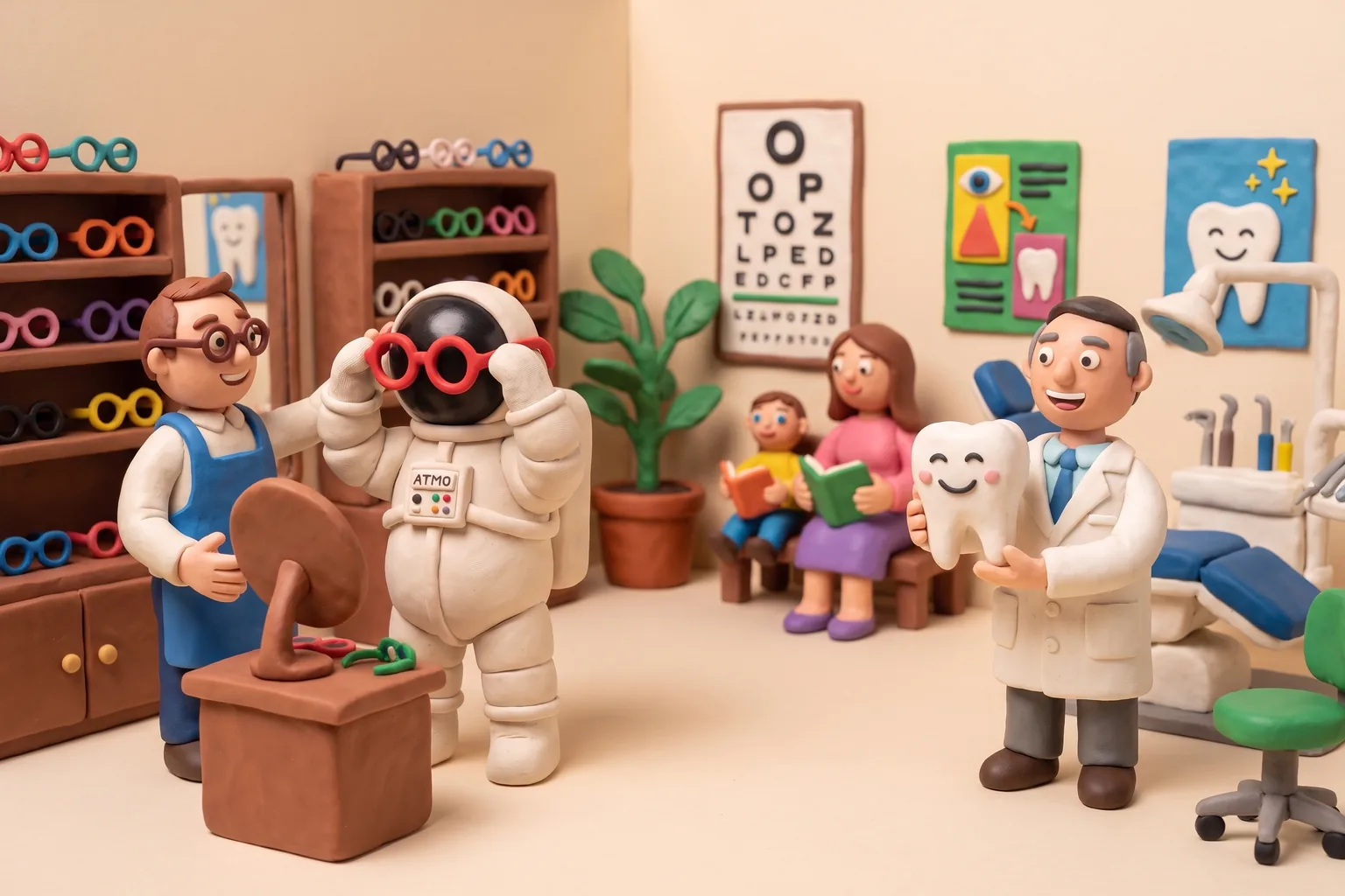 Illustration en pâte à modeler d'un cosmonaute portant des lunettes à côté d'une grande dent, protégés par un bouclier, sous un ciel étoilé