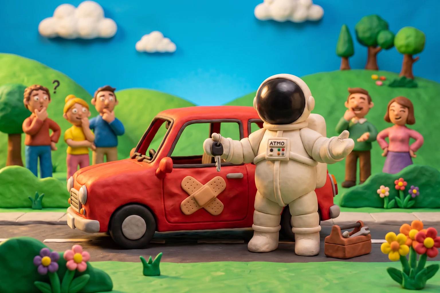 Illustration en pâte à modeler d'un cosmonaute convoyeur tenant des clés à côté d'une voiture rouge marquée d'un pansement, au bord d'une route