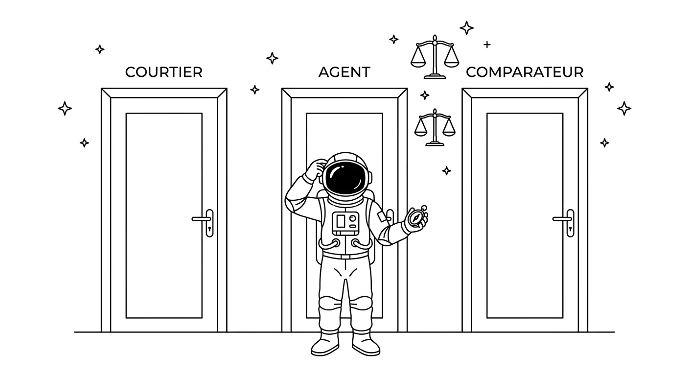 Illustration line art noir et blanc d'un cosmonaute face à trois portes étiquetées courtier, agent et comparateur, avec une balance et une boussole en arrière-plan
