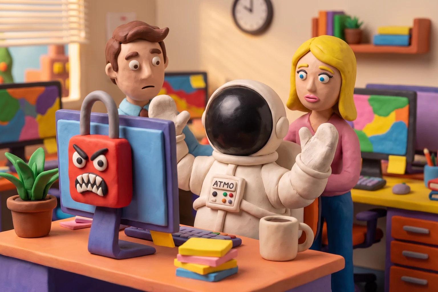 Illustration en pâte à modeler d'un cosmonaute surpris devant un écran d'ordinateur bloqué par un cadenas, dans un bureau coloré avec des collègues inquiets