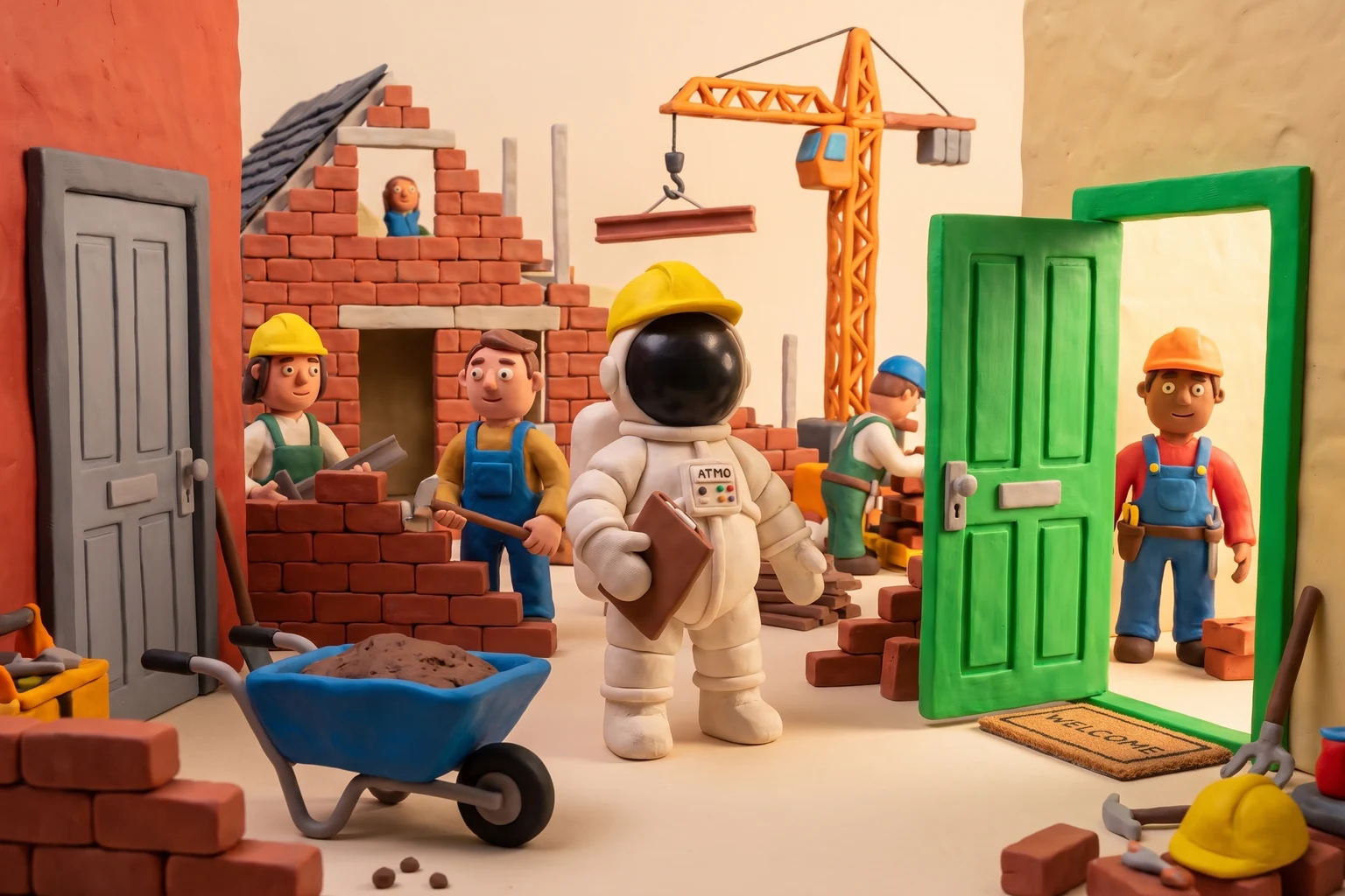 Illustration en pâte à modeler d'un cosmonaute artisan tenant un dossier entre une porte fermée et une porte verte ouverte, devant un chantier