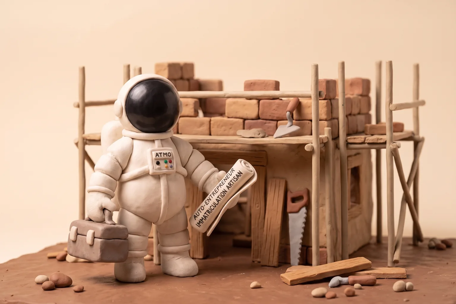 Illustration en pâte à modeler d'un cosmonaute artisan auto-entrepreneur tenant une caisse à outils et un document d'immatriculation devant une petite maison en construction