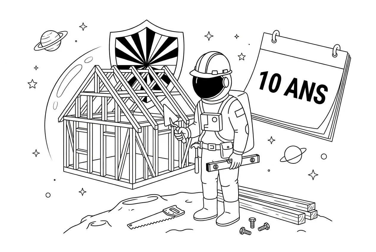 Illustration line art noir et blanc d'un cosmonaute artisan tenant une truelle face à une maison en construction, avec un bouclier et un calendrier de 10 ans en arrière-plan