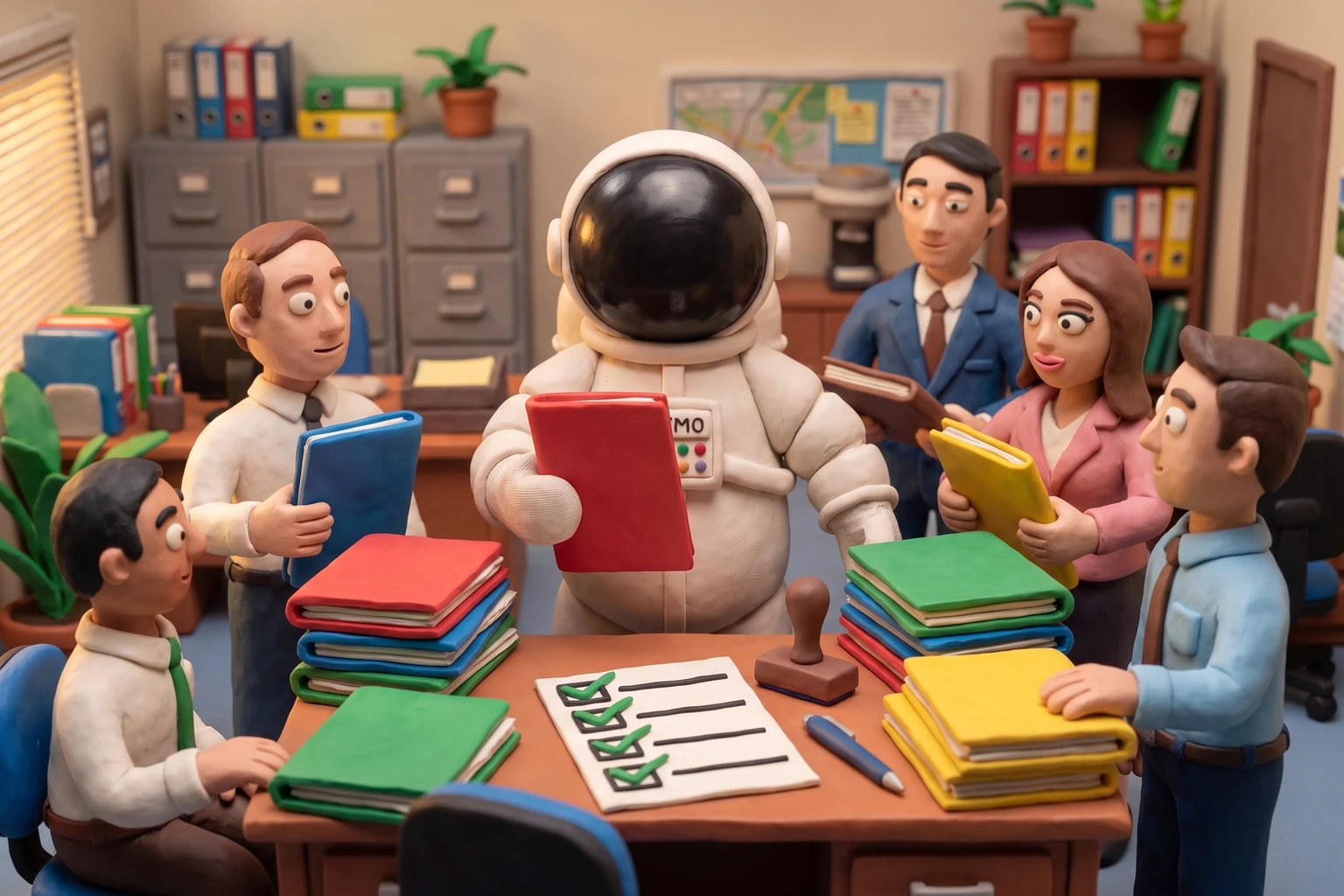 Illustration en pâte à modeler d'un cosmonaute casqué derrière un bureau couvert de dossiers colorés et d'une liste cochée