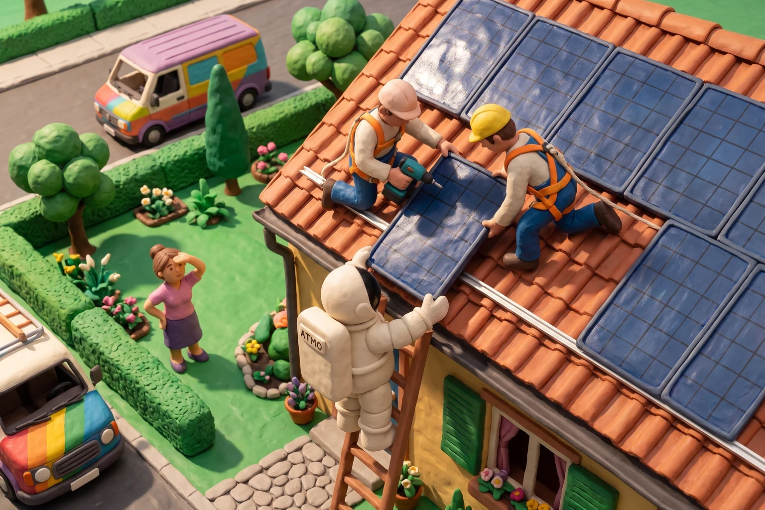Illustration en pâte à modeler d'un cosmonaute tendant un panneau solaire à deux installateurs harnachés sur le toit d'une maison, sous le regard de la propriétaire depuis le jardin