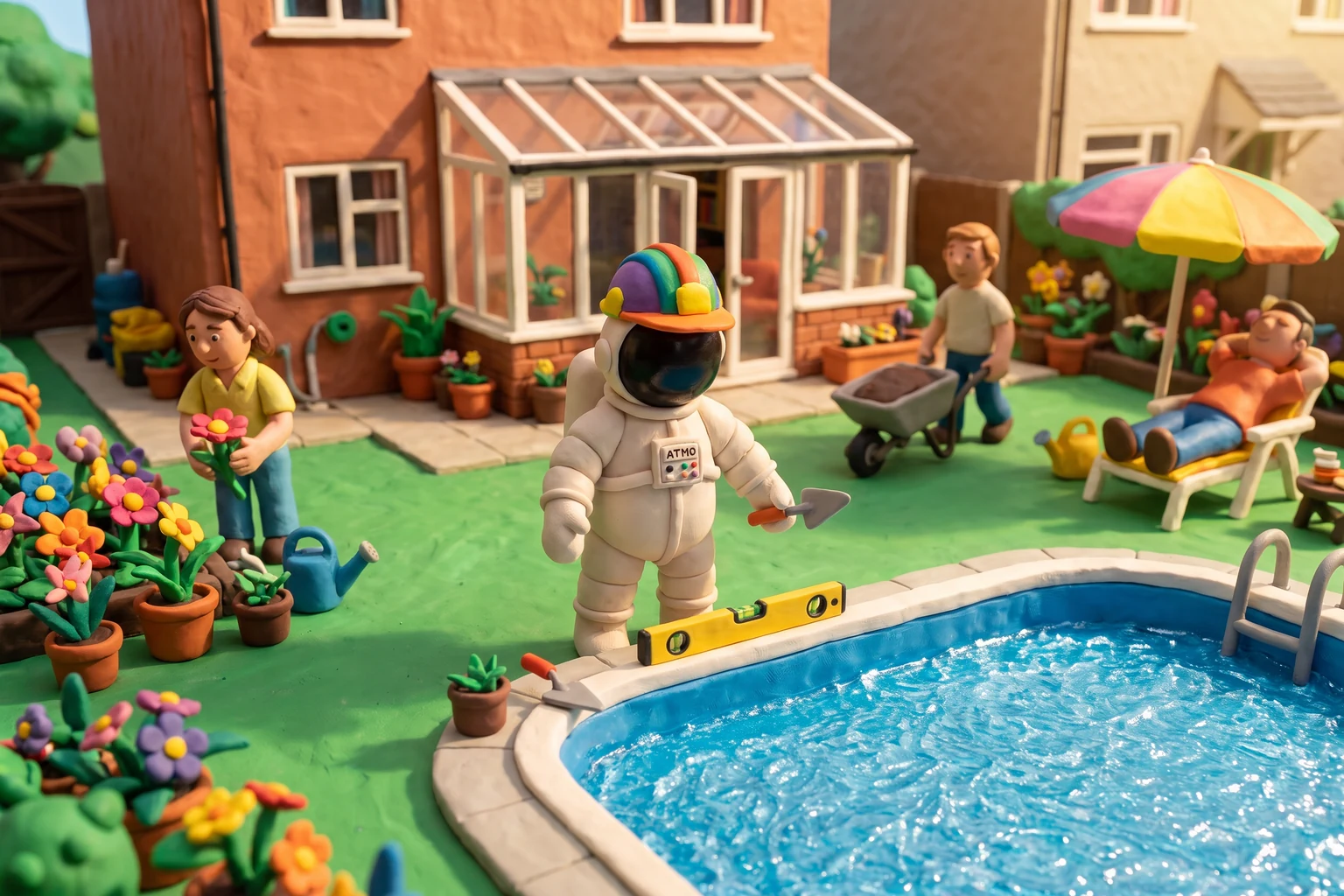 Illustration en pâte à modeler d'un cosmonaute artisan casqué inspectant le bord d'une piscine bleue à côté d'une véranda vitrée