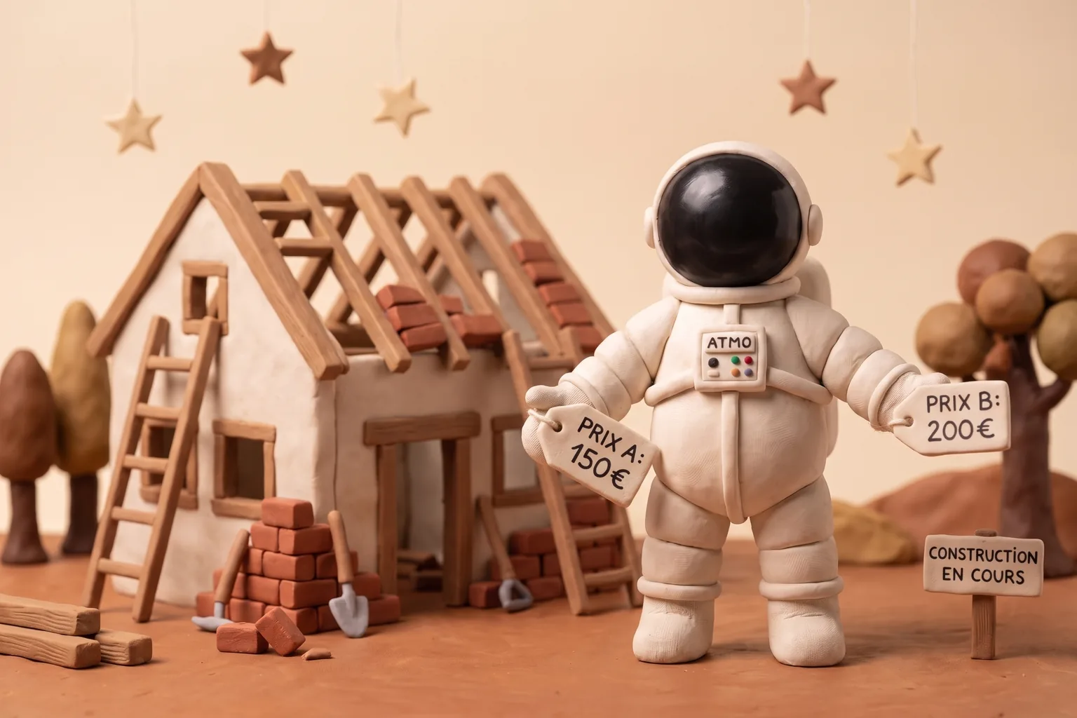 Illustration en pâte à modeler d'un cosmonaute artisan comparant des étiquettes de prix devant une maison en construction, étoiles et cratères lunaires en arrière-plan