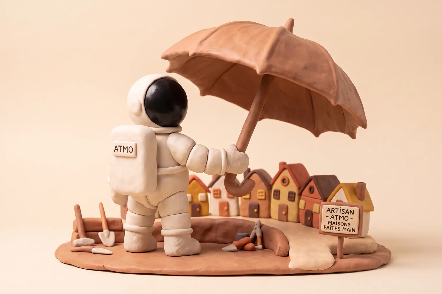 Illustration en pâte à modeler d'un cosmonaute artisan regardant derrière lui une file de maisons déjà construites, un parapluie protégeant l'ensemble