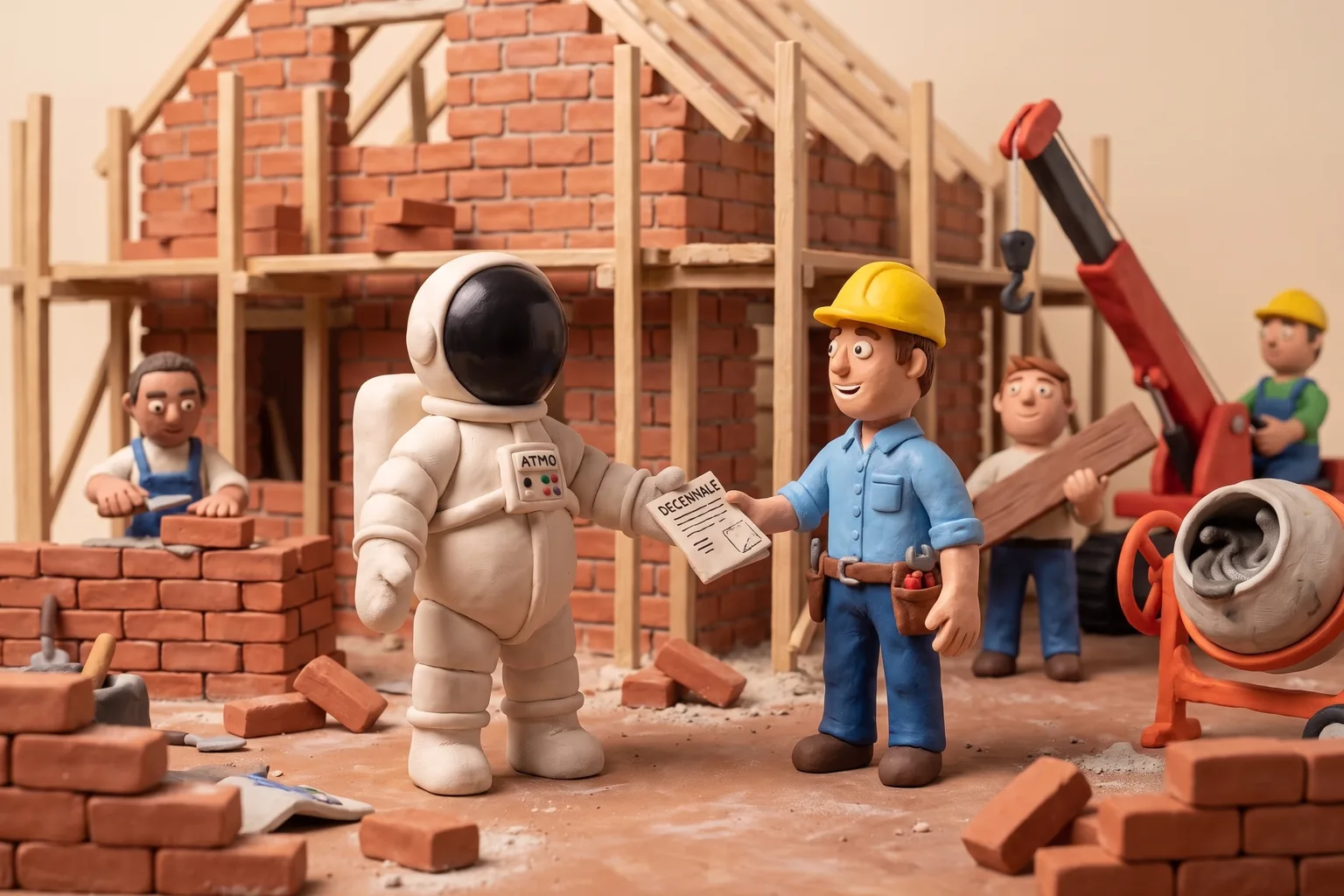 Illustration en pâte à modeler de deux cosmonautes artisans se transmettant un document sur un chantier, l'un entreprise principale, l'autre sous-traitant