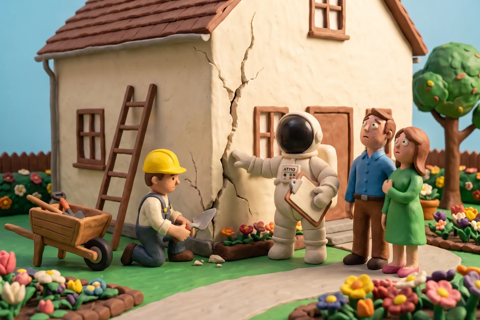 Illustration en pâte à modeler d'un cosmonaute la main sur la fissure d'une maison neuve, entre un maçon accroupi avec sa truelle et les propriétaires inquiets