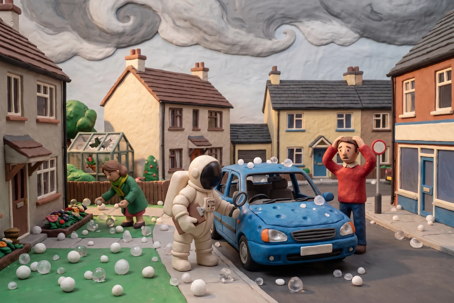 Illustration en pâte à modeler d'un cosmonaute examinant à la loupe les impacts sur le capot d'une voiture grêlée, devant son propriétaire dépité et une voisine dans son massif