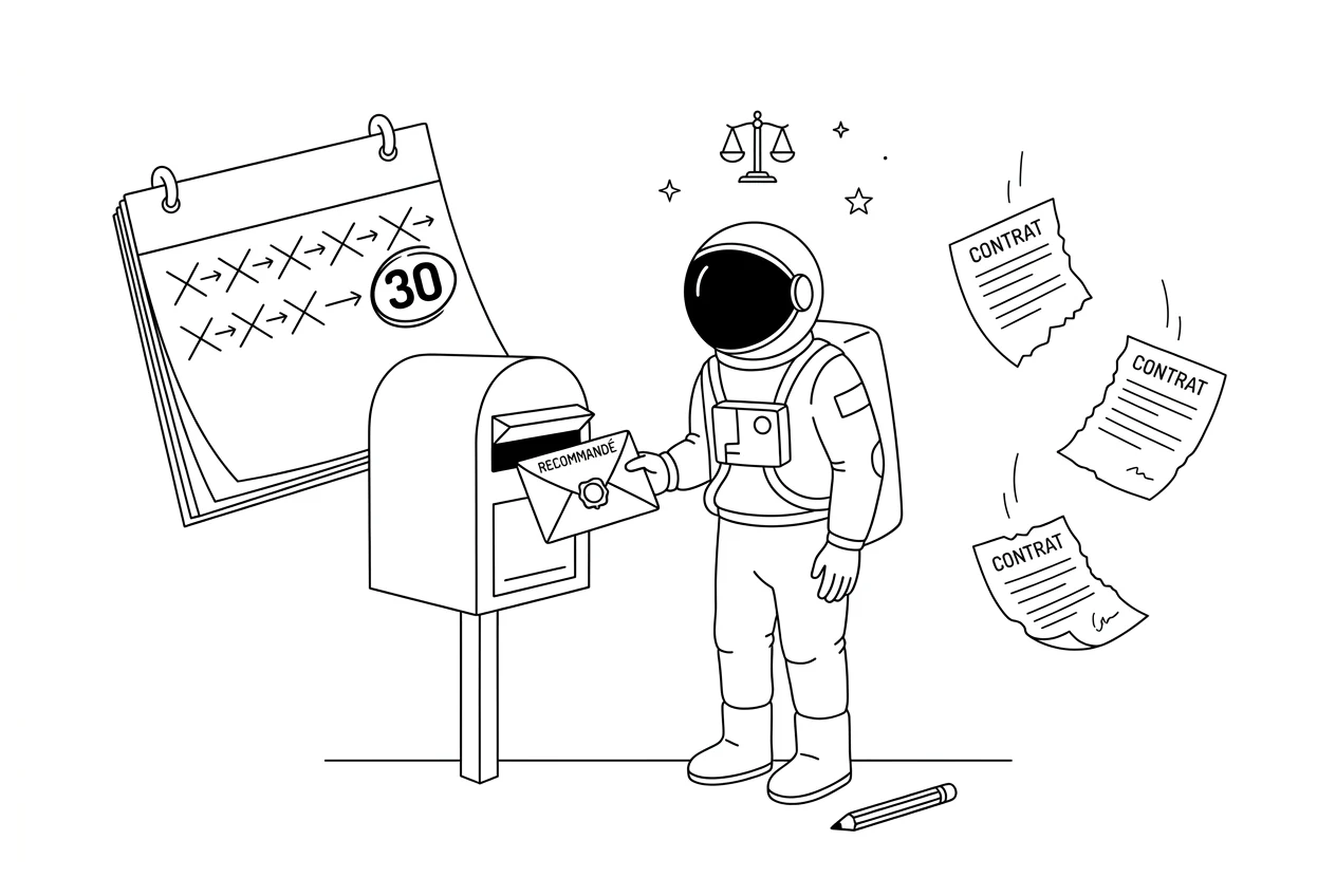 Illustration line art noir et blanc d'un cosmonaute postant une lettre recommandée de résiliation, avec un calendrier 30 jours et des contrats déchirés en arrière-plan