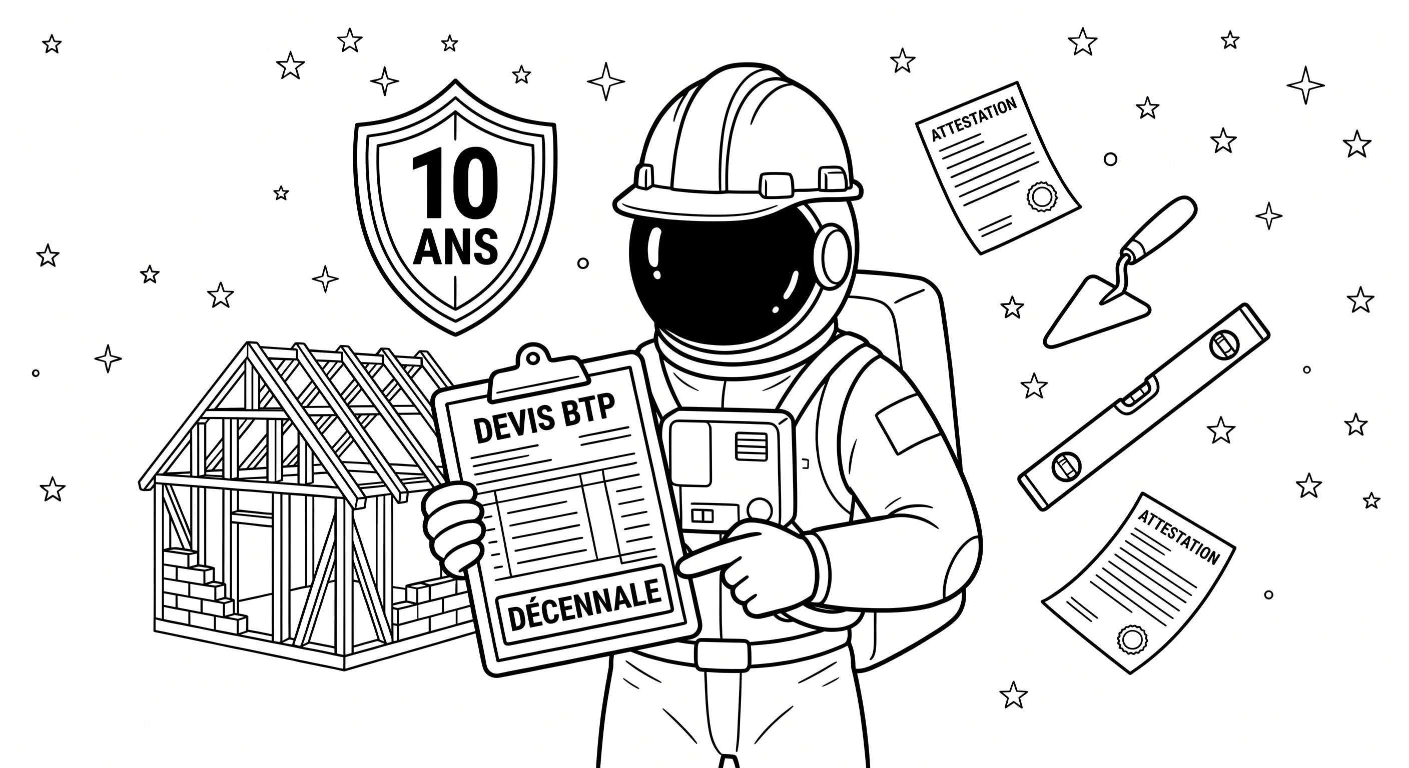 Illustration line art noir et blanc d'un cosmonaute artisan avec casque de chantier tenant un devis BTP avec mention décennale, devant une maison en construction et un bouclier 10 ANS, avec des outils de bâtiment et attestations