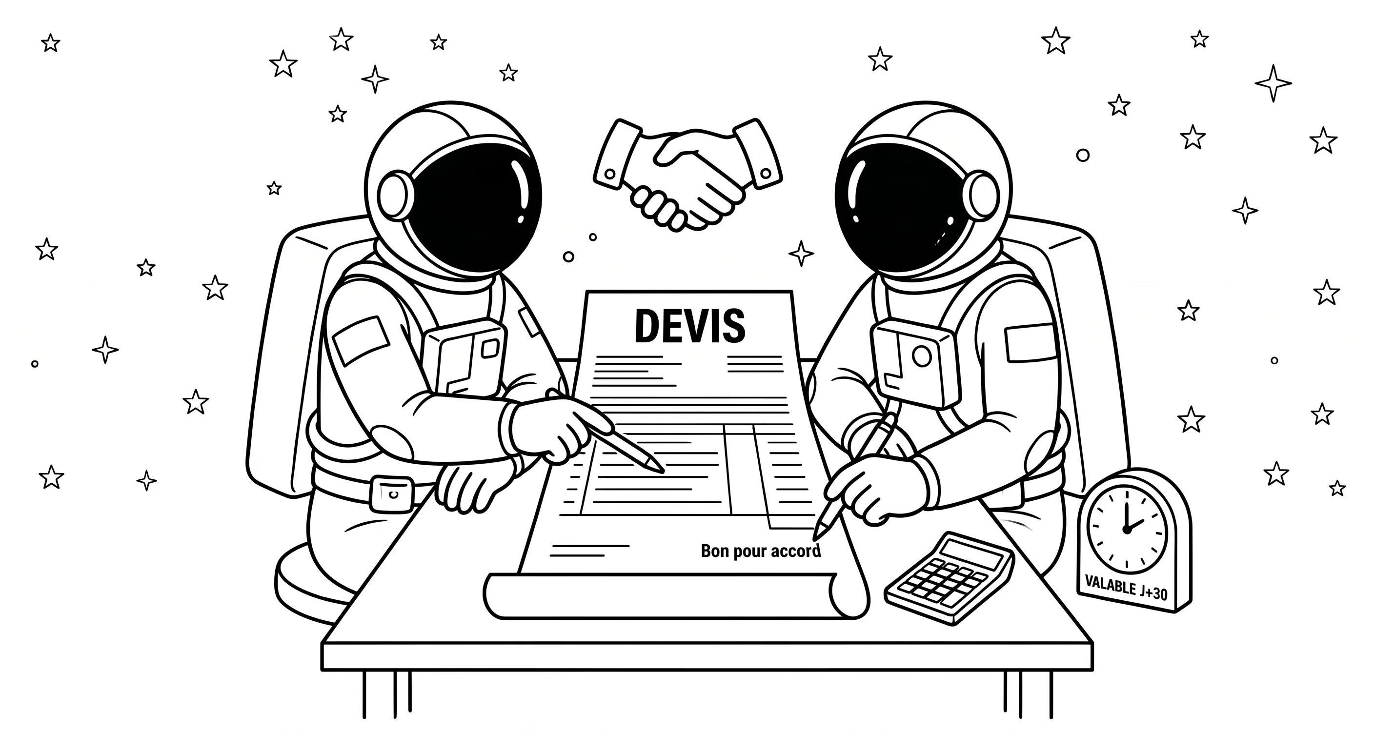 Illustration line art noir et blanc de deux cosmonautes face à face autour d'une table, l'un présente un devis et l'autre s'apprête à signer la mention « Bon pour accord », avec une calculatrice et une horloge de validité