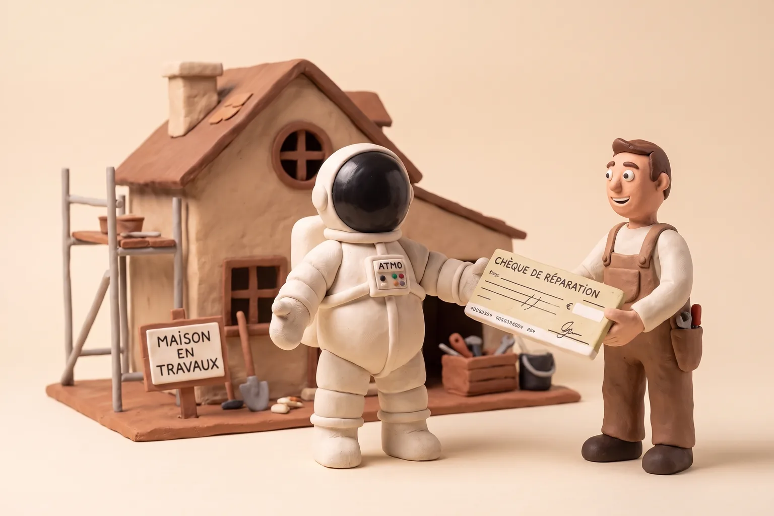 Illustration en pâte à modeler d'un cosmonaute maître d'ouvrage recevant rapidement un chèque de réparation devant sa maison, sous un ciel étoilé
