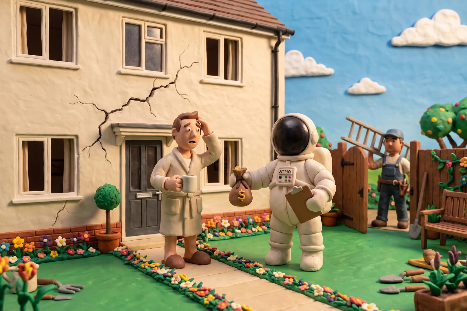 Illustration en pâte à modeler d'un cosmonaute tendant une bourse de pièces au propriétaire d'une maison neuve fissurée, pendant qu'un maçon arrive avec son échelle par le portail