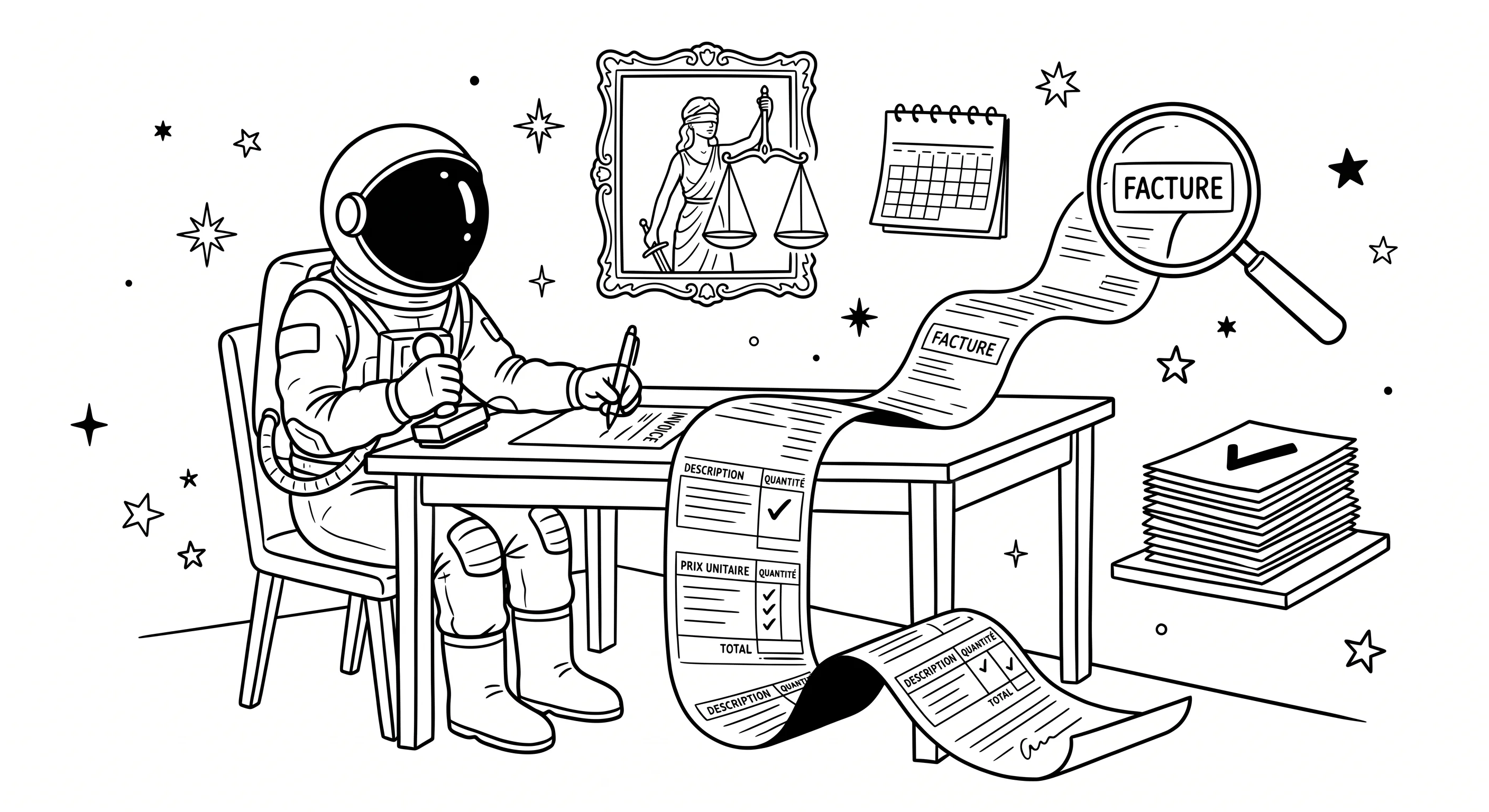 Illustration line art noir et blanc d'un cosmonaute écrivant une facture à son bureau, avec une balance de justice, un calendrier et une loupe examinant le document