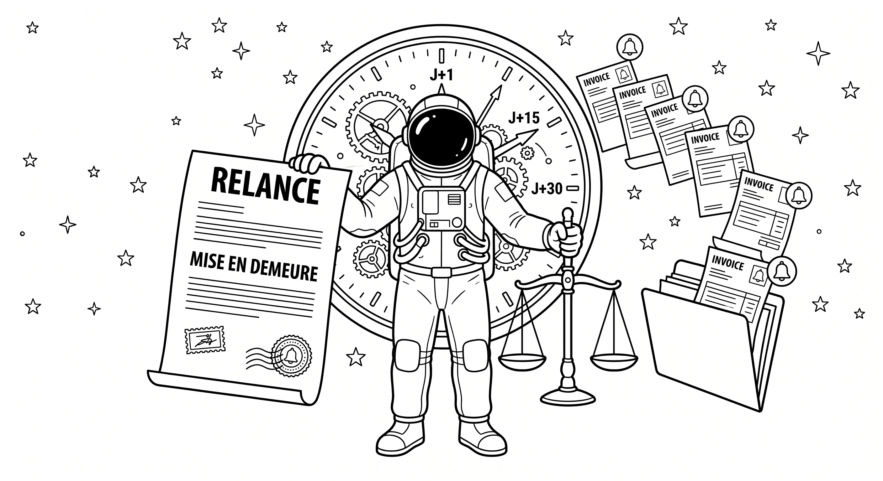 Illustration line art noir et blanc d'un cosmonaute tenant une lettre de relance et de mise en demeure, avec une horloge montrant les délais J+1, J+15, J+30 et un dossier de factures impayées