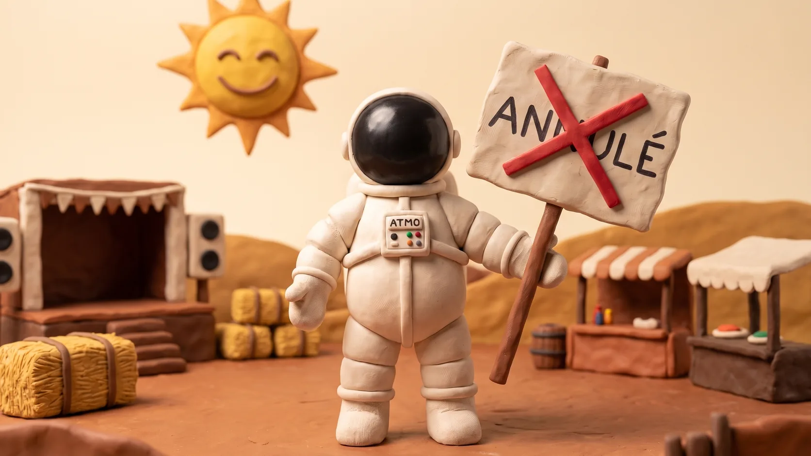 Illustration en pâte à modeler d'un cosmonaute organisateur devant une scène de festival vide sous un gros soleil, tenant une affiche barrée Annulé, sur fond épuré
