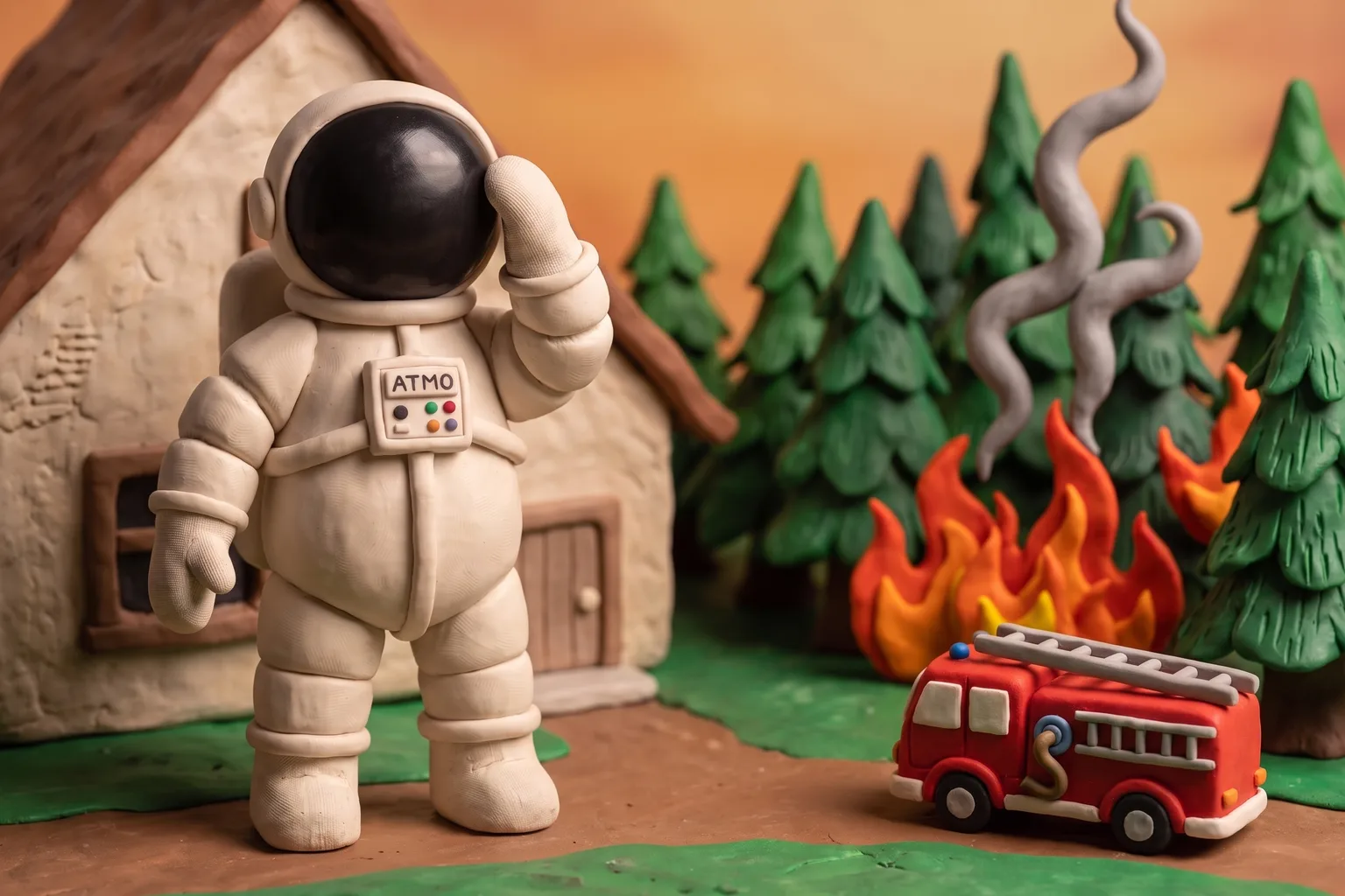 Illustration en pâte à modeler d'un cosmonaute devant sa maison au bord d'une forêt en proie aux flammes, un camion de pompiers à proximité