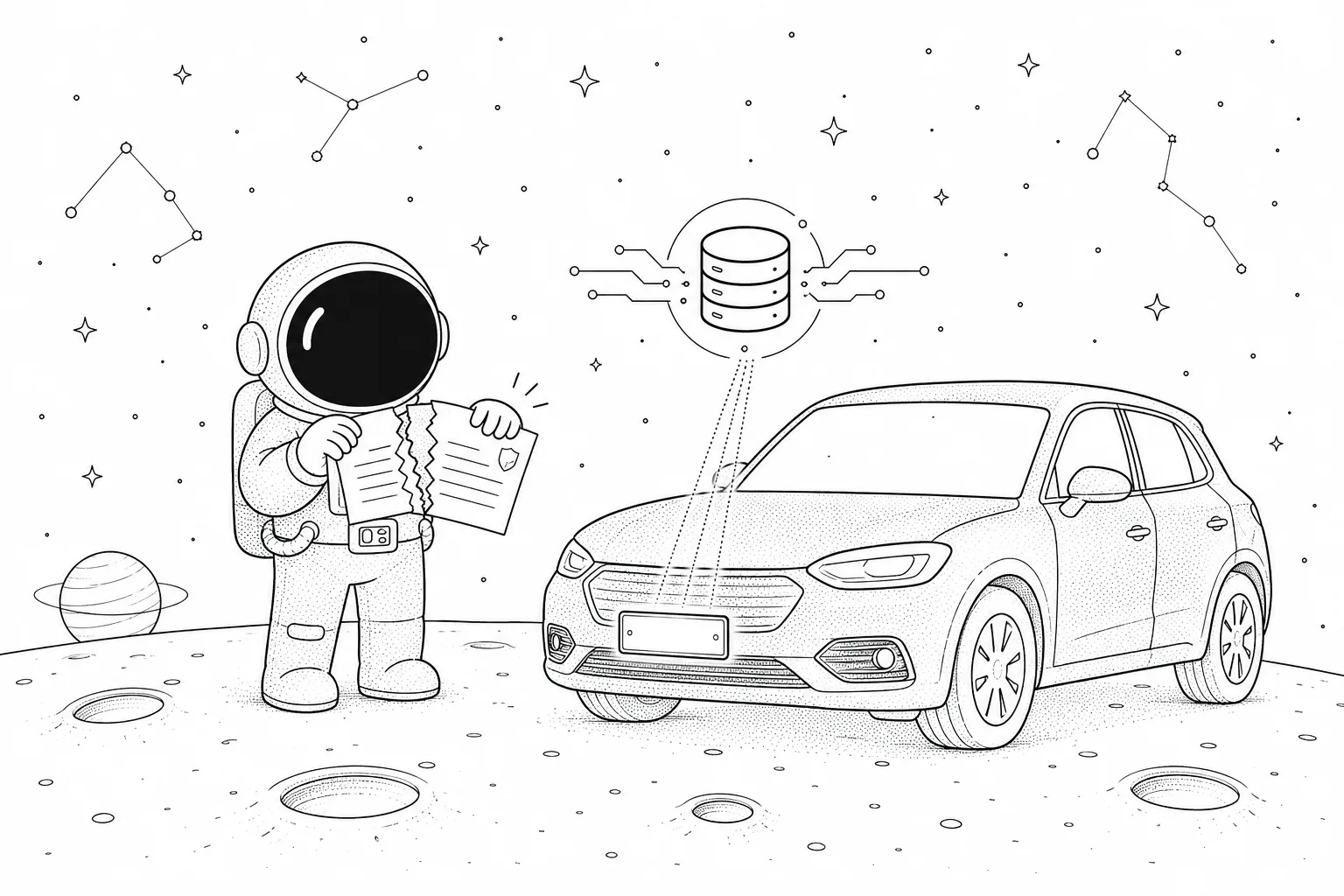 Illustration line art noir et blanc d'un cosmonaute déchirant une carte verte d'assurance papier devant le pare-brise d'une voiture, tandis qu'une plaque d'immatriculation est scannée par un faisceau numérique, sur fond d'étoiles et de constellations