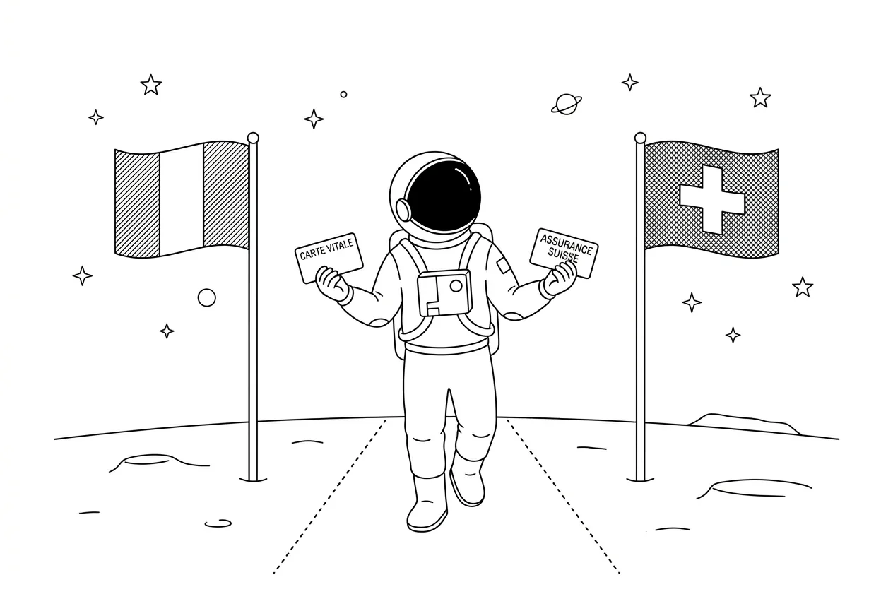 Illustration line art noir et blanc d'un cosmonaute marchant entre deux drapeaux français et suisse, avec une carte vitale et une carte de soins en main