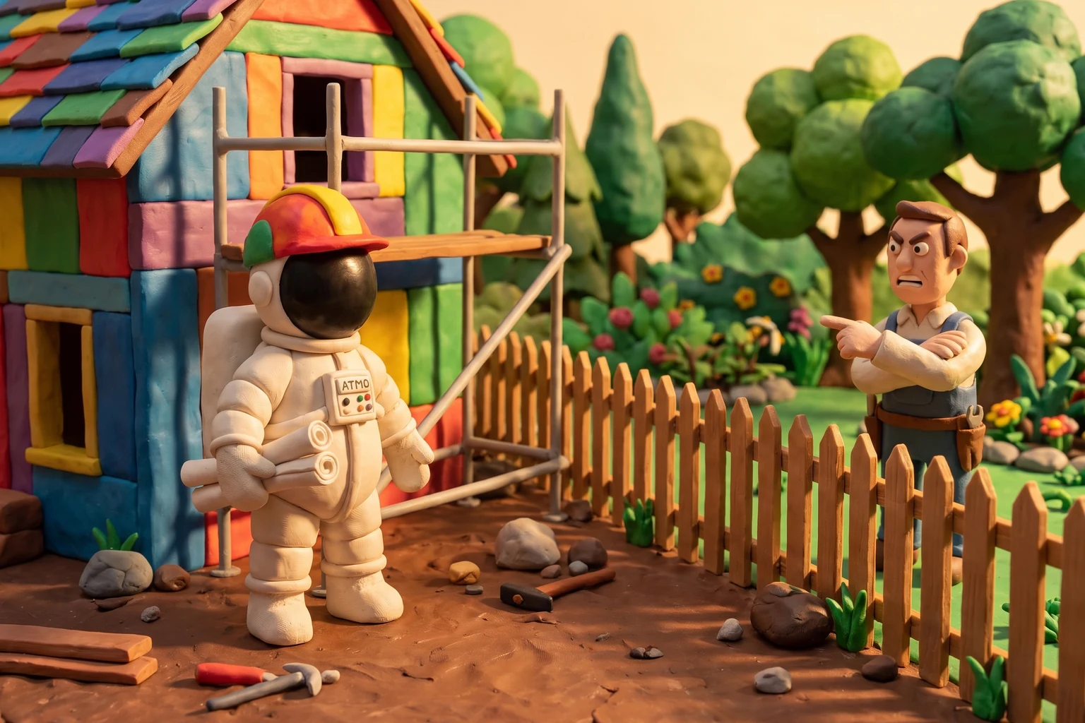 Illustration en pâte à modeler d'un cosmonaute promoteur casqué tenant des plans devant une maison en construction, un voisin mécontent derrière la clôture