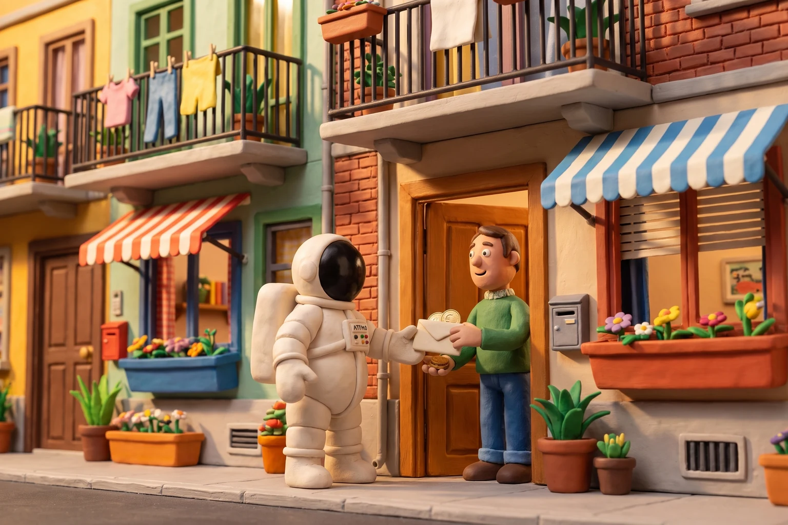 Illustration en pâte à modeler d'un cosmonaute bailleur recevant une enveloppe et des pièces d'euro de son locataire devant un immeuble fleuri