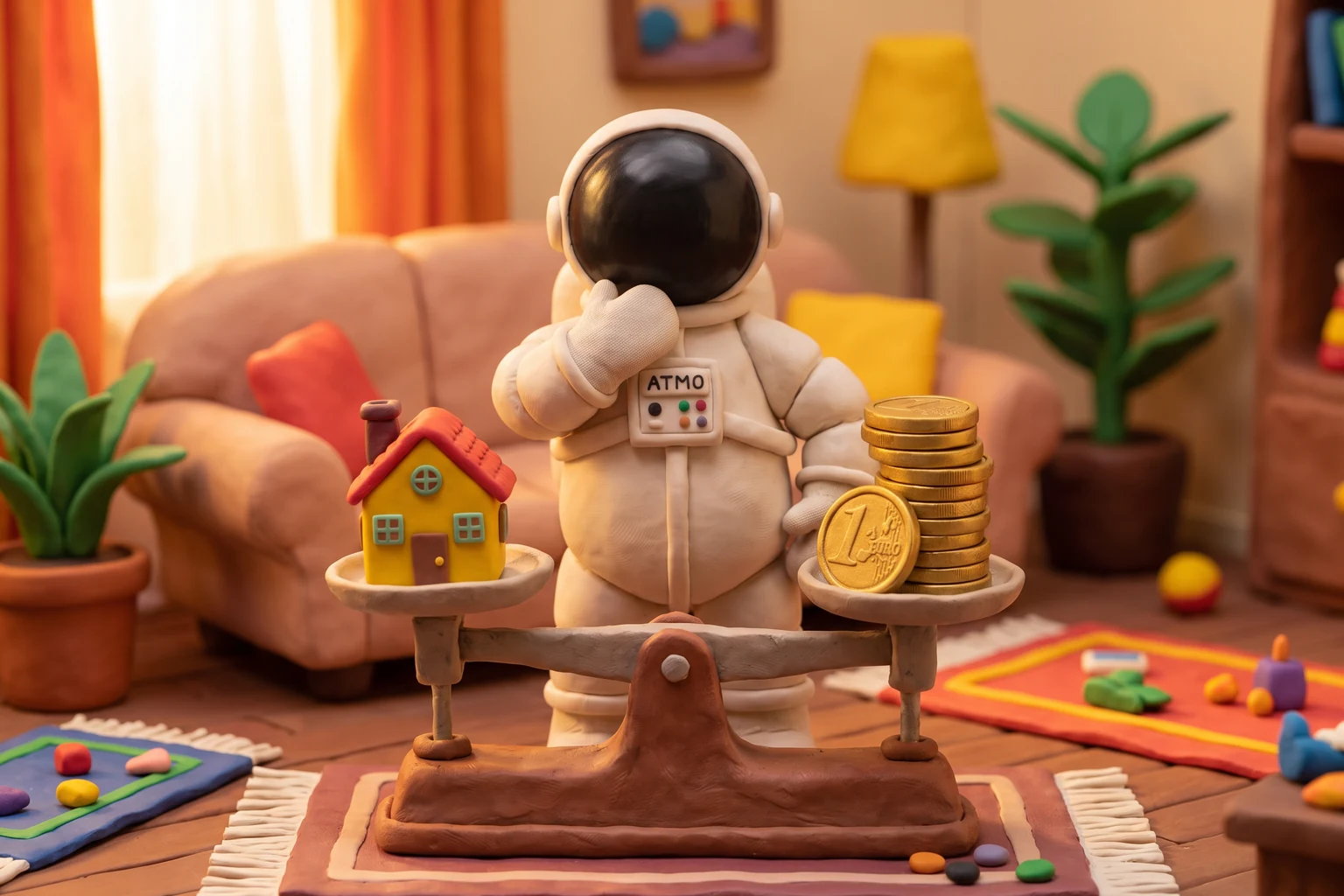 Illustration en pâte à modeler d'un cosmonaute comparant une balance portant une petite maison d'un côté et des pièces d'euro de l'autre