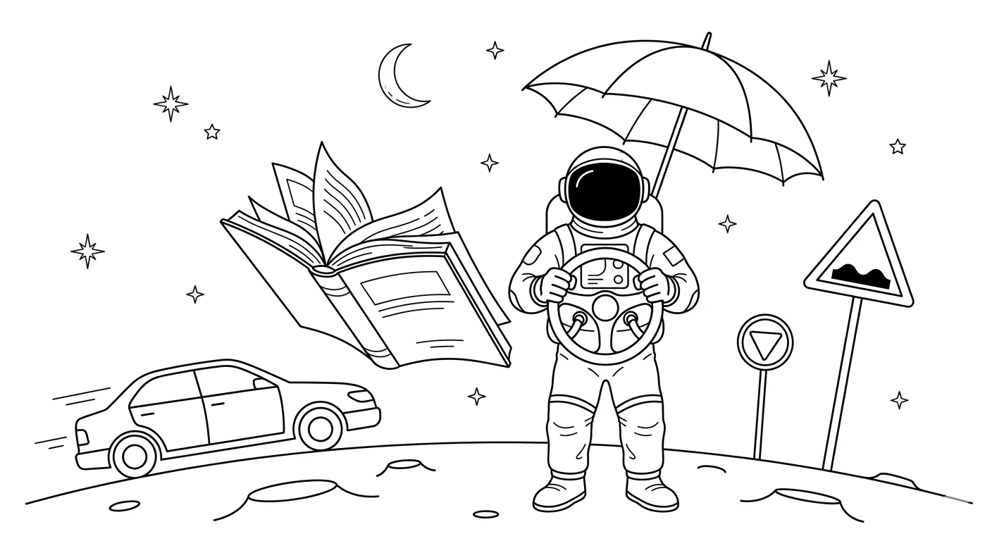 Illustration line art noir et blanc d'un cosmonaute conducteur tenant un volant face à un large livre ouvert flottant, avec une voiture, un panneau de signalisation et un parapluie en arrière-plan
