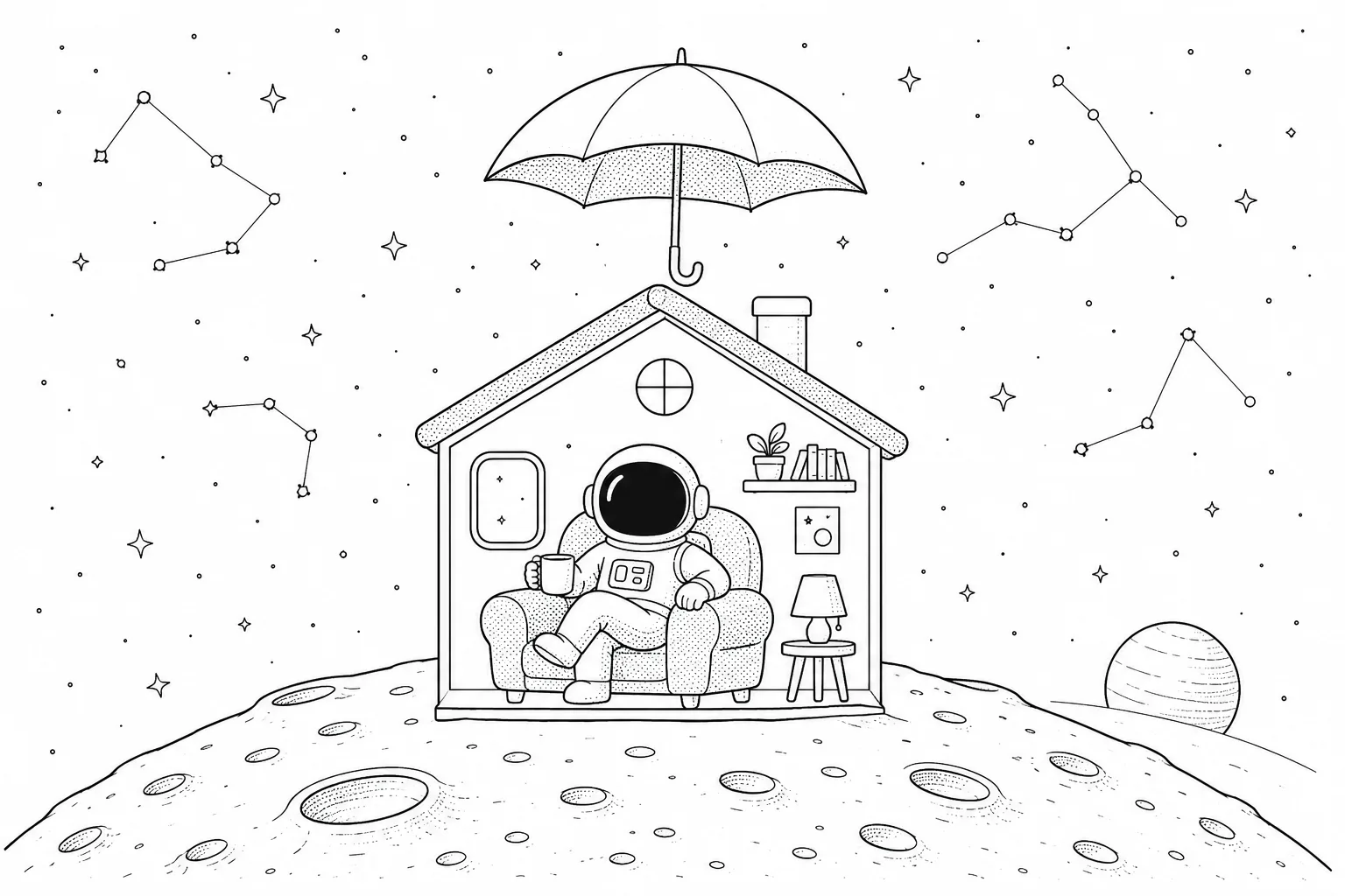 Illustration line art noir et blanc d'un cosmonaute assis dans son canapé à l'intérieur d'une maison posée sur la Lune, avec un parapluie ouvert qui protège le toit, sur fond d'étoiles et de constellations