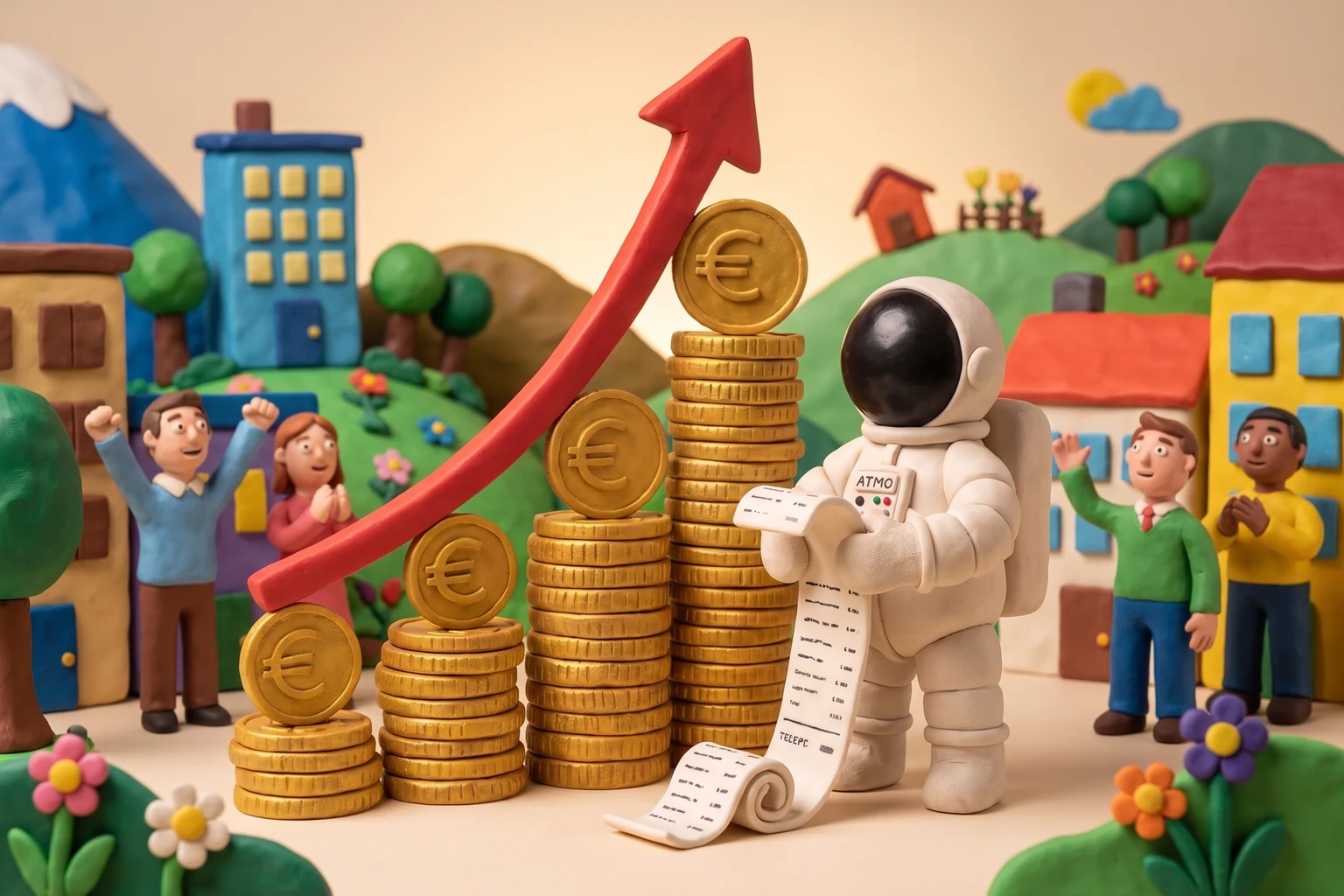 Illustration en pâte à modeler d'un cosmonaute face à un histogramme de pièces d'euro qui monte, une facture à la main
