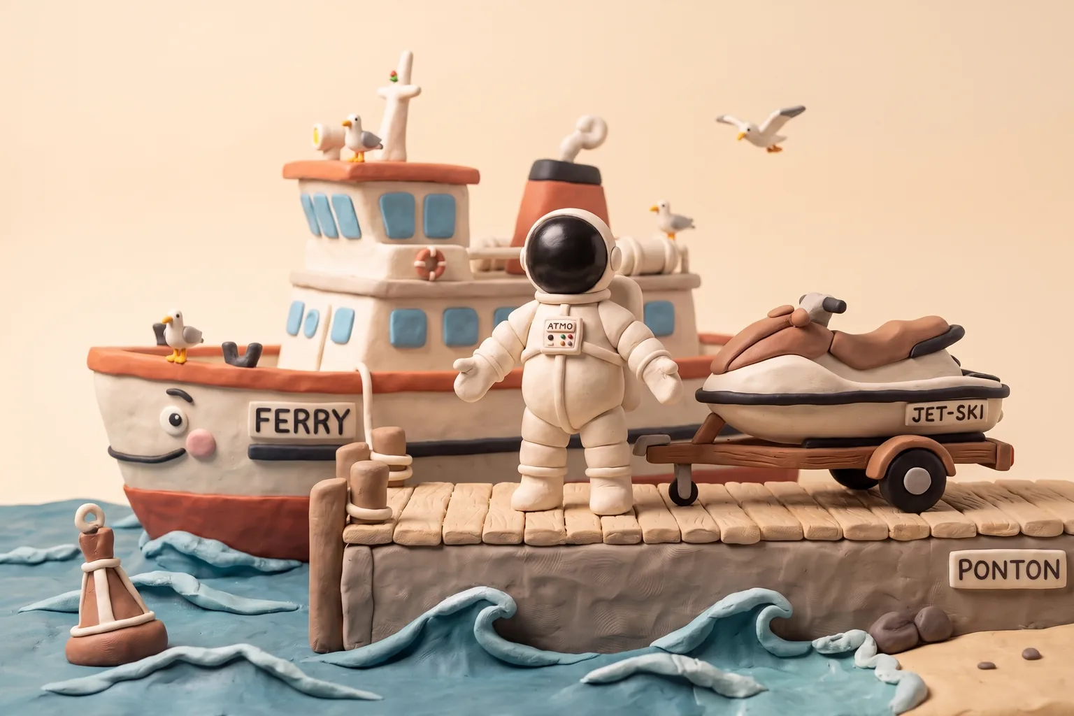 Illustration en pâte à modeler d'un cosmonaute debout sur un ponton à côté d'un jet-ski sur sa remorque, un grand ferry à quai derrière lui, avec mouettes, bouée et vagues sous un ciel d'étoiles
