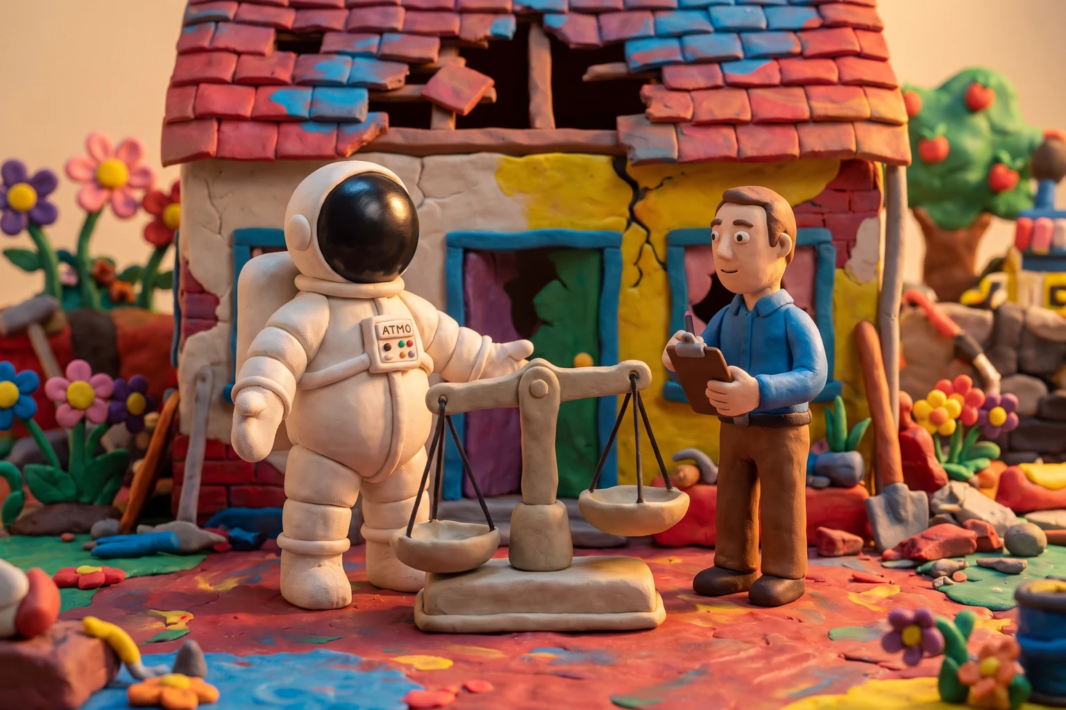 Illustration en pâte à modeler d'un cosmonaute face à un expert avec sa planchette, une balance déséquilibrée entre eux, devant une maison endommagée